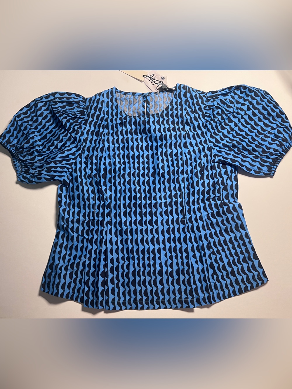 NWT PINCH Preppy Puff Sleeve Seam Printed Blouse Blue Large